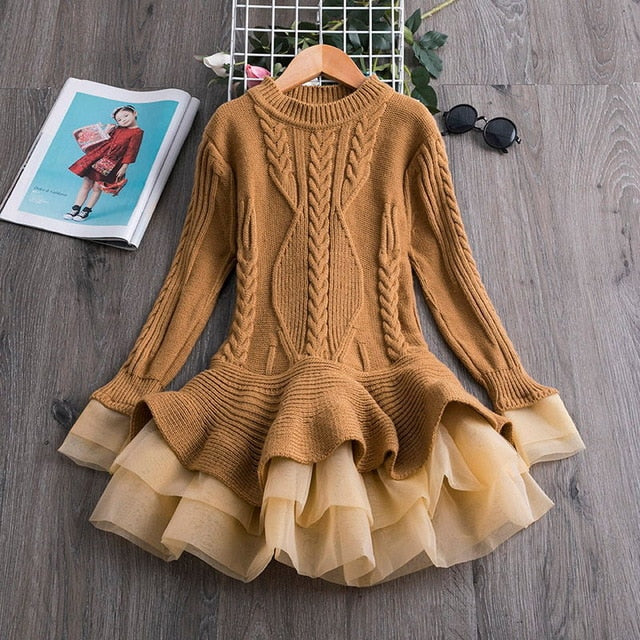 Winter Knitted Chiffon Girl Dress Christmas Party Long Sleeve Children Clothes Kids Dresses For Girls New Year Clothing