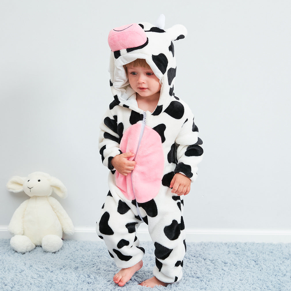 Baby Clothes Autumn And Winter Warm Flannel Cow Animal Shape Pajamas Children's Romper