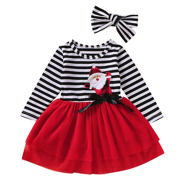 Kleinkind Mädchen Weihnachten Kleid Santa Striped Print Tüll Kleid + Stirnband Outfits Kleinkind Weihnachten Kleid Mädchen Vestido Infantil