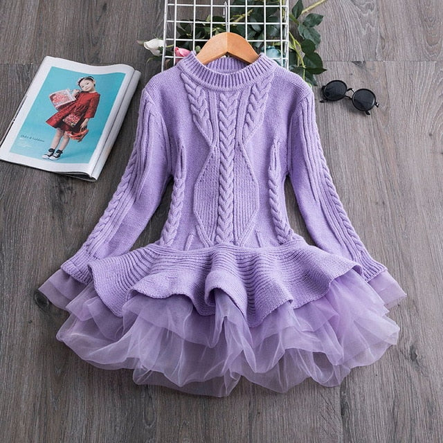 Winter Knitted Chiffon Girl Dress Christmas Party Long Sleeve Children Clothes Kids Dresses For Girls New Year Clothing