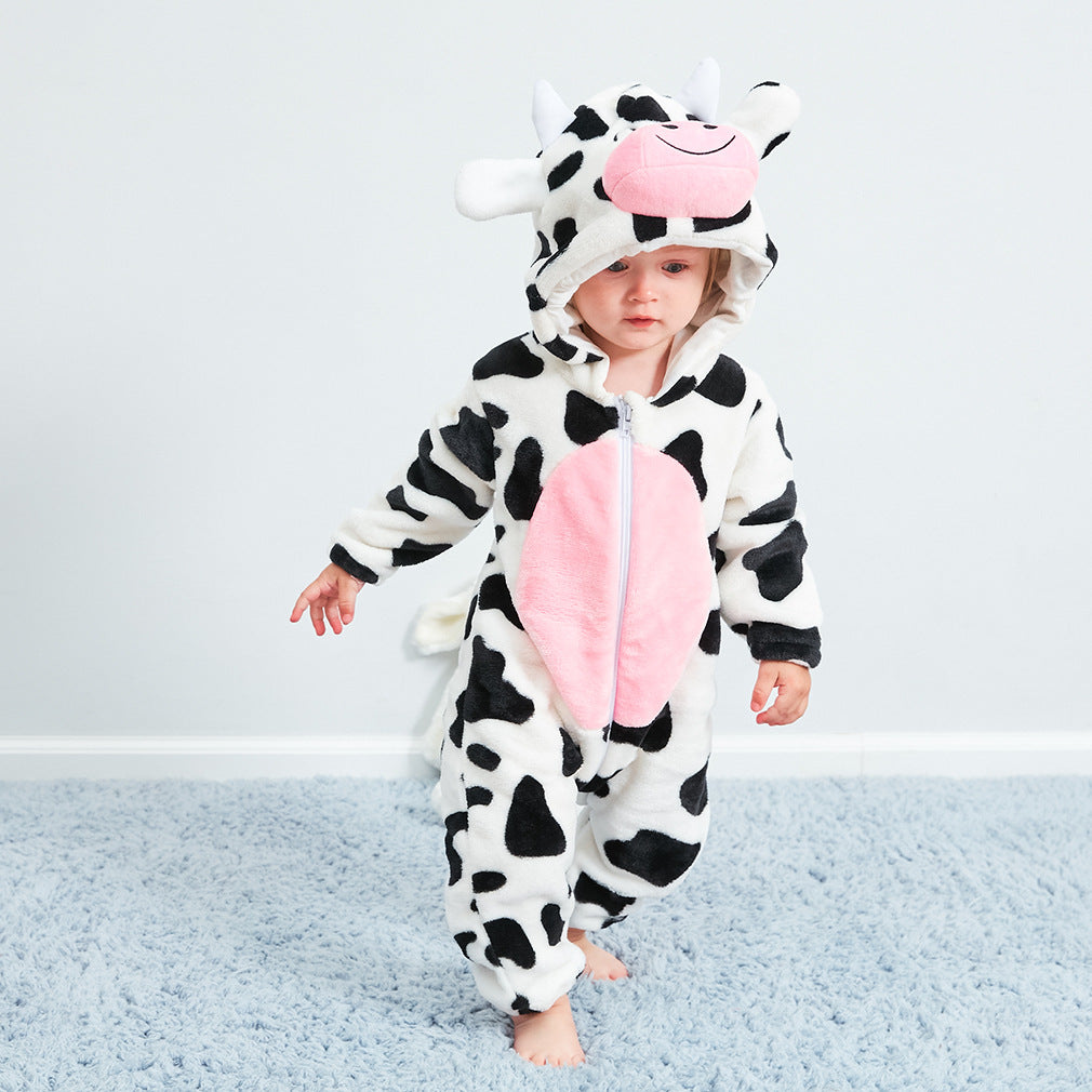 Baby Clothes Autumn And Winter Warm Flannel Cow Animal Shape Pajamas Children's Romper