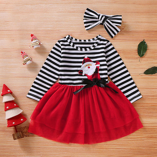 Kleinkind Mädchen Weihnachten Kleid Santa Striped Print Tüll Kleid + Stirnband Outfits Kleinkind Weihnachten Kleid Mädchen Vestido Infantil