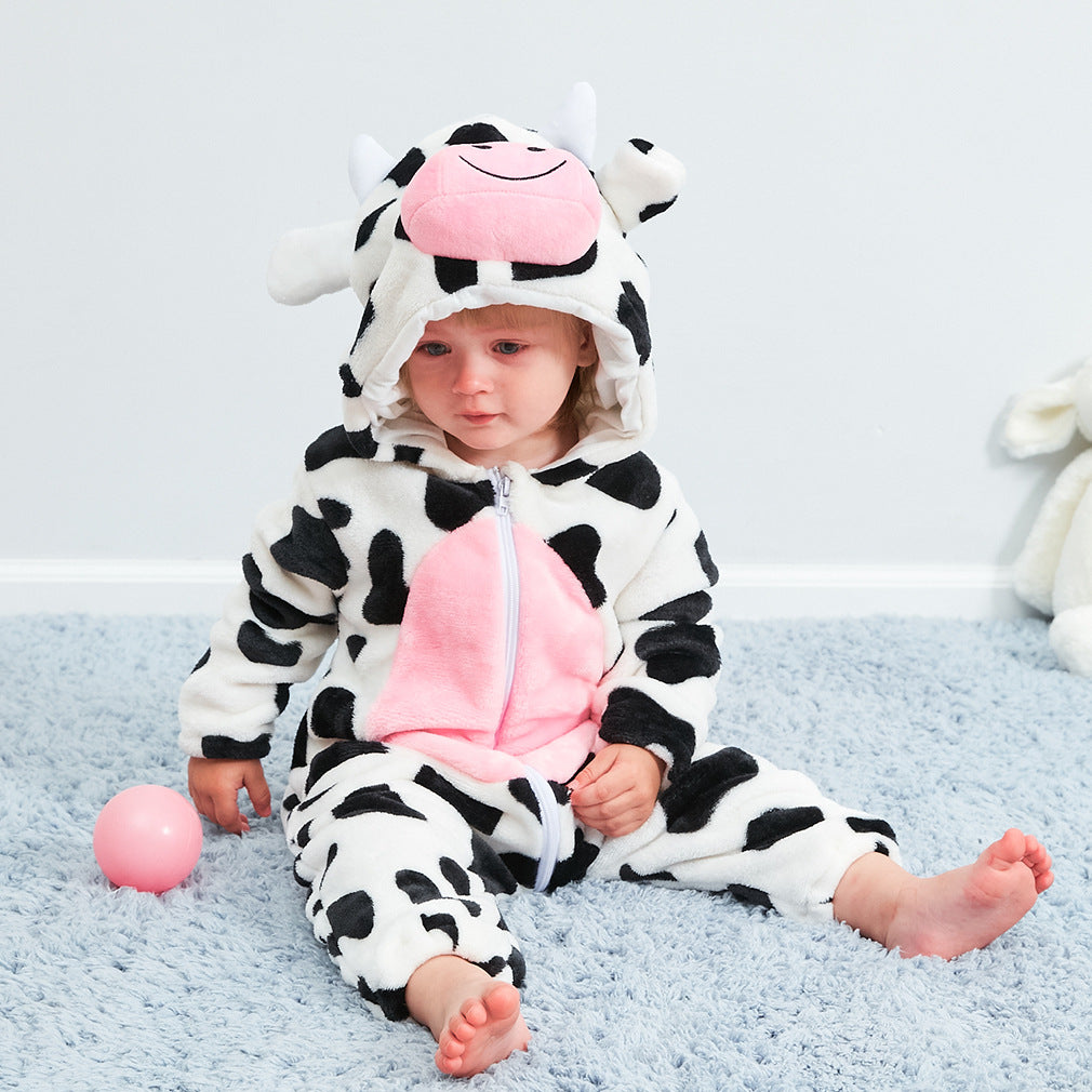 Baby Clothes Autumn And Winter Warm Flannel Cow Animal Shape Pajamas Children's Romper
