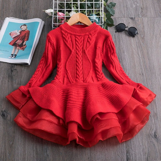 Winter Knitted Chiffon Girl Dress Christmas Party Long Sleeve Children Clothes Kids Dresses For Girls New Year Clothing