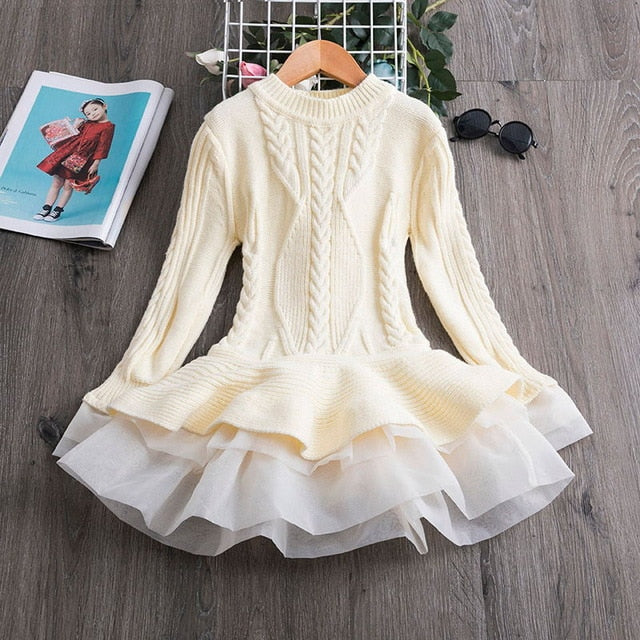 Winter Knitted Chiffon Girl Dress Christmas Party Long Sleeve Children Clothes Kids Dresses For Girls New Year Clothing