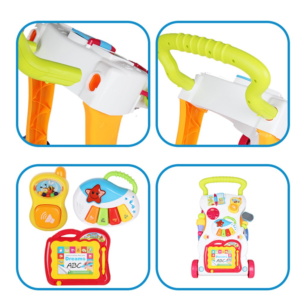 Baby Walker Musical Toddler Trolley Sit to Stand Walker for Kid's Early Learning Educational Baby First Steps Car Adjustable