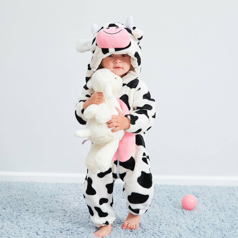 Baby Clothes Autumn And Winter Warm Flannel Cow Animal Shape Pajamas Children's Romper
