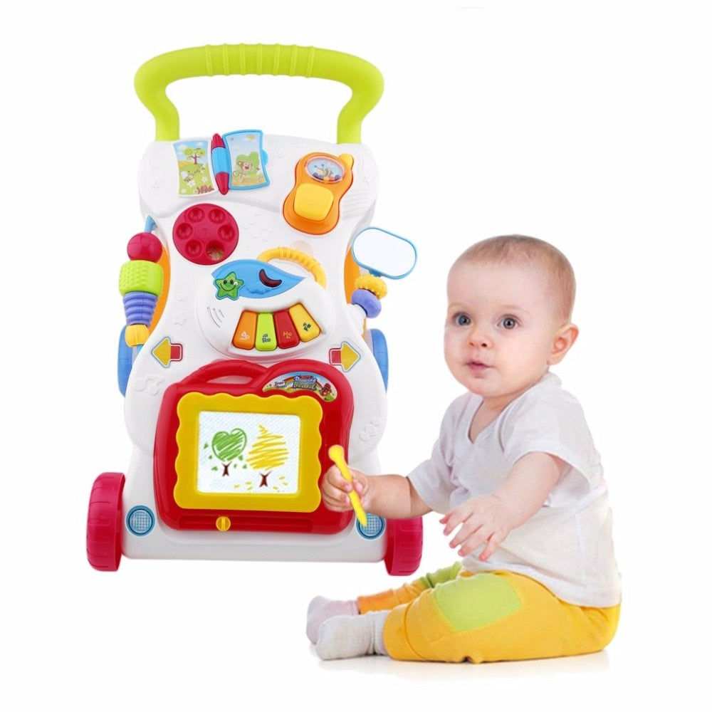 Baby Walker Musical Toddler Trolley Sit to Stand Walker for Kid's Early Learning Educational Baby First Steps Car Adjustable