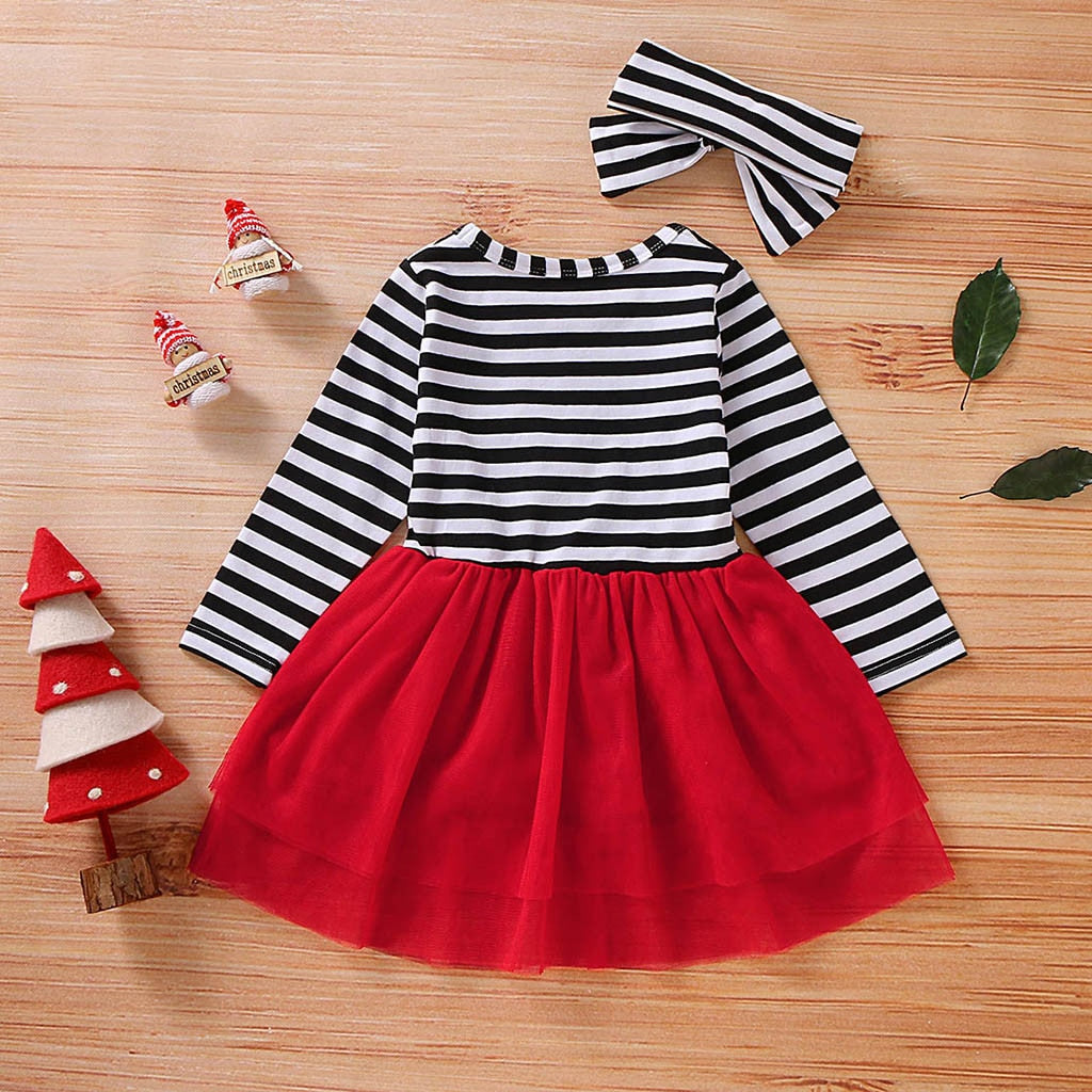 Kleinkind Mädchen Weihnachten Kleid Santa Striped Print Tüll Kleid + Stirnband Outfits Kleinkind Weihnachten Kleid Mädchen Vestido Infantil