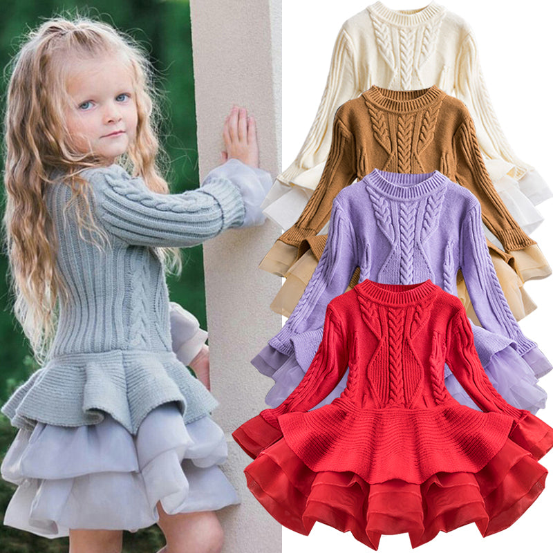 Winter Knitted Chiffon Girl Dress Christmas Party Long Sleeve Children Clothes Kids Dresses For Girls New Year Clothing