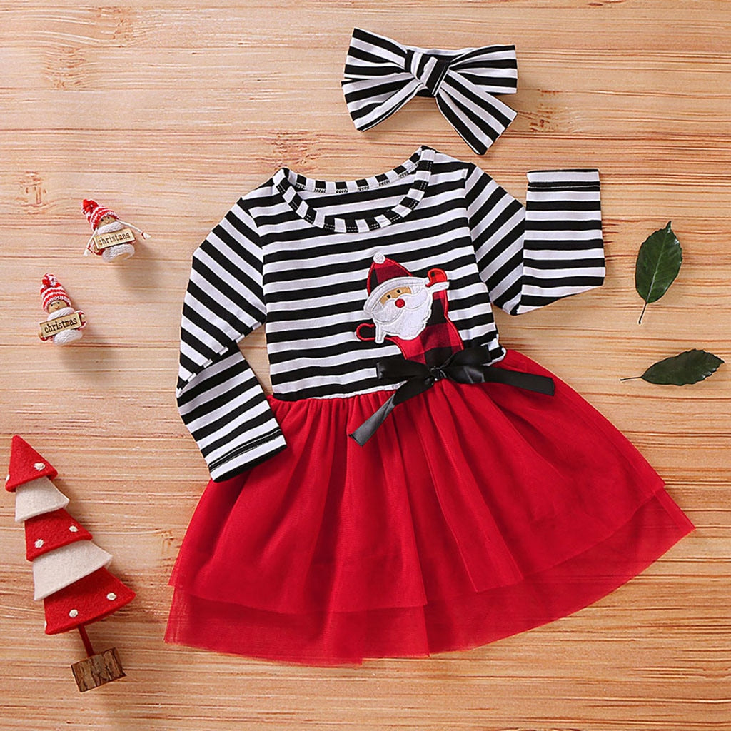 Kleinkind Mädchen Weihnachten Kleid Santa Striped Print Tüll Kleid + Stirnband Outfits Kleinkind Weihnachten Kleid Mädchen Vestido Infantil