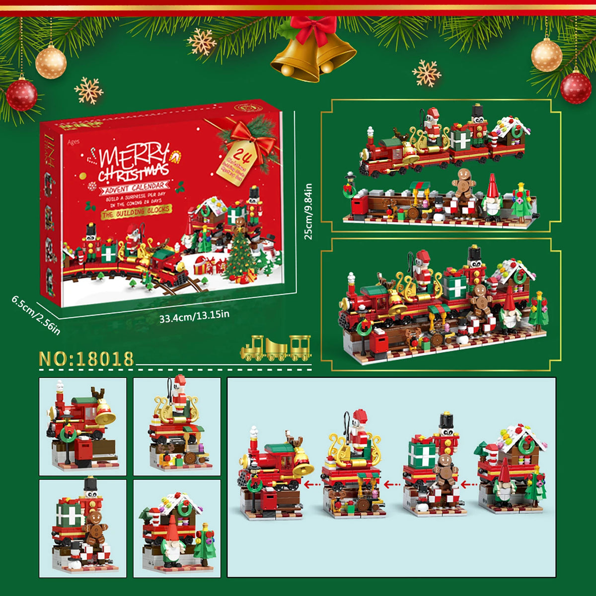 Kerstbouwstenen, 24 dagen aftelkalenders Blind Box, Kersttreinen Kerstman Railcar Bouwstenen
